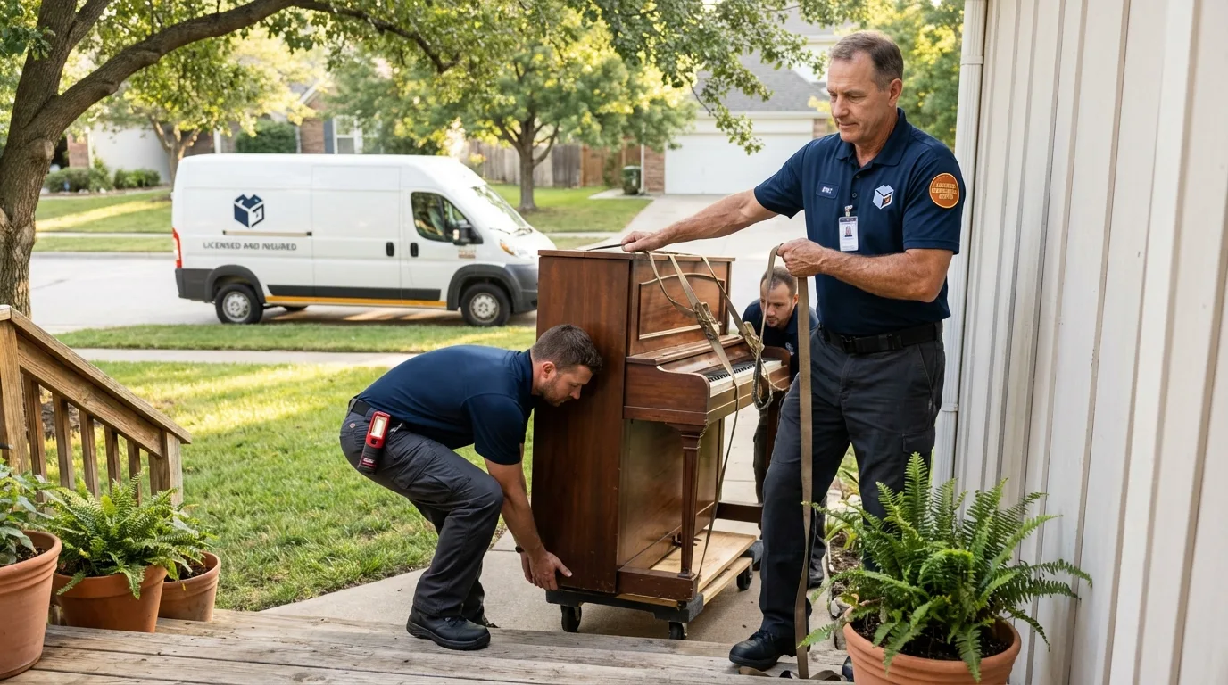 Licensed piano movers securing grand piano in Walling, TN