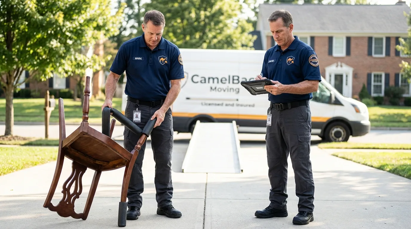 Movers inspecting furniture for damage prevention before loading in Walling, TN