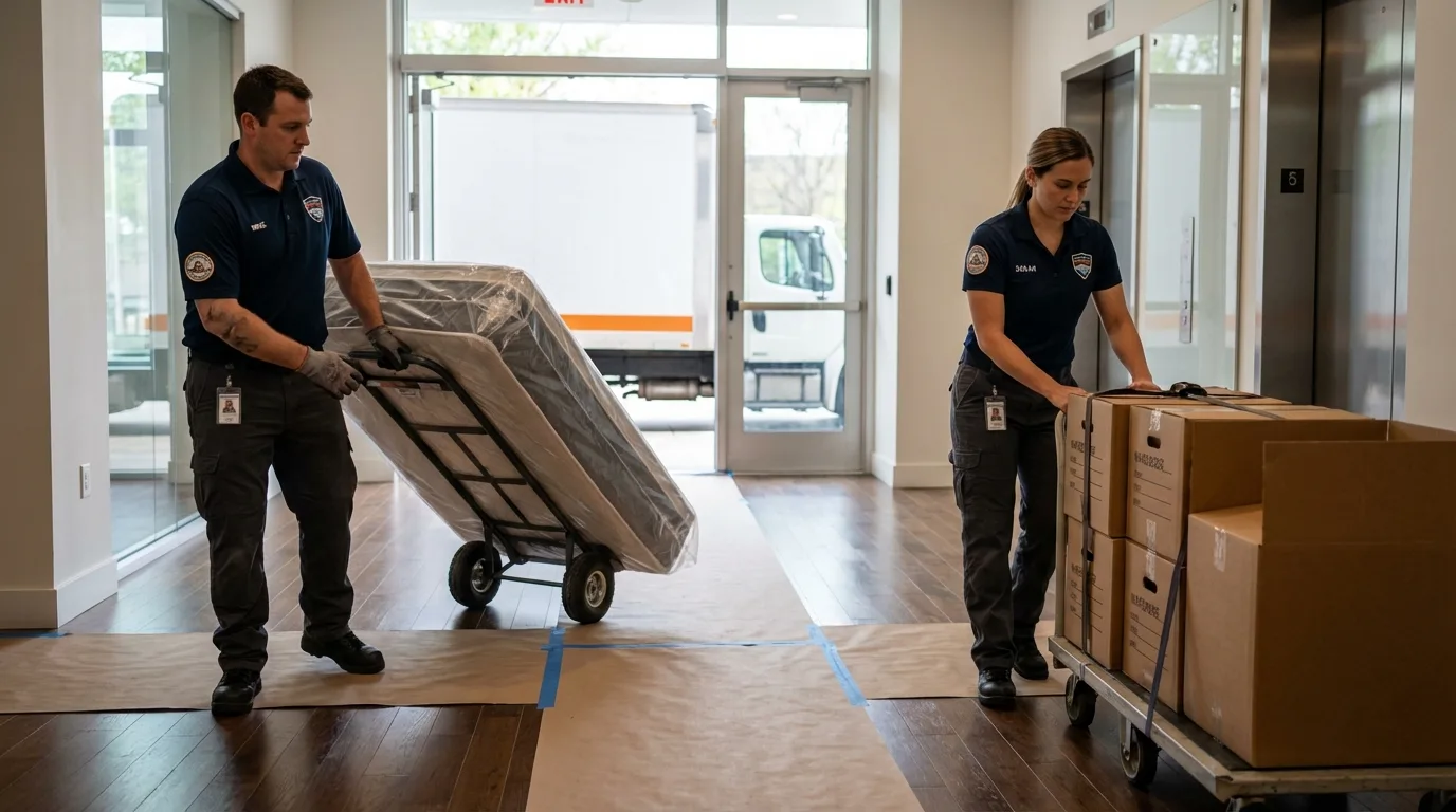 Professional apartment movers loading elevator in Walling, TN