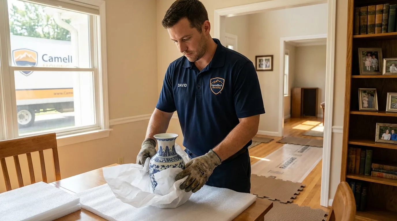 Professional crew carefully wrapping antique vase for senior downsizing move in Walling, TN